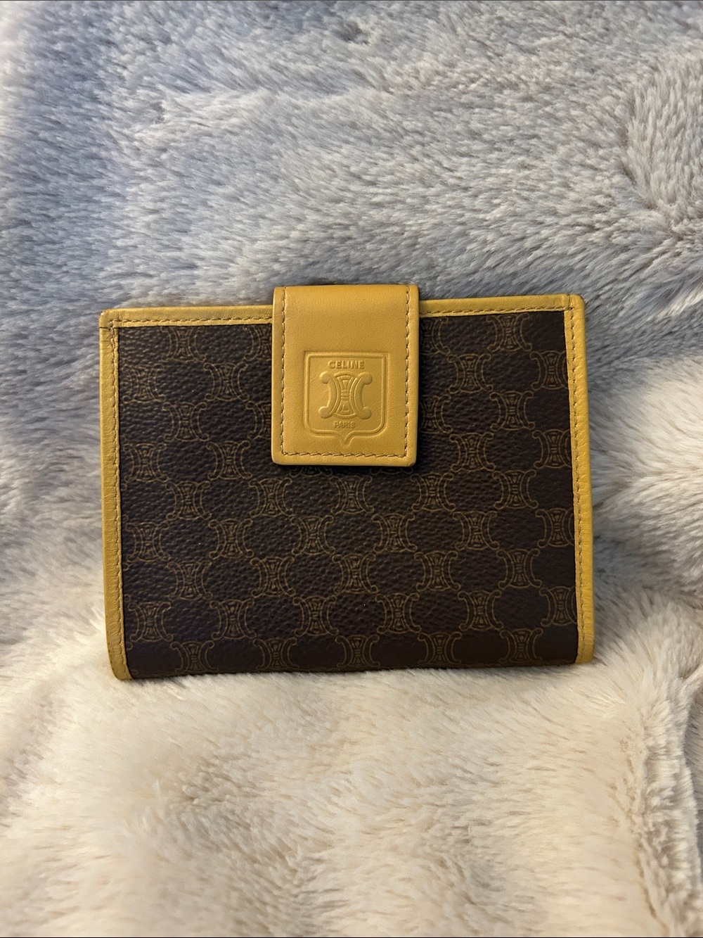 Celine Brown Canvas Wallet with Yellow Trim